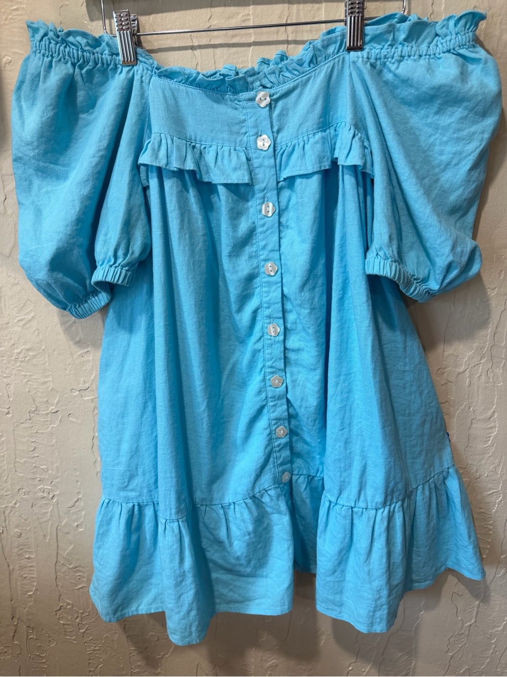 Off-Shoulder Blue Mini Dress with Puff Sleeves - Picture 2 of 5